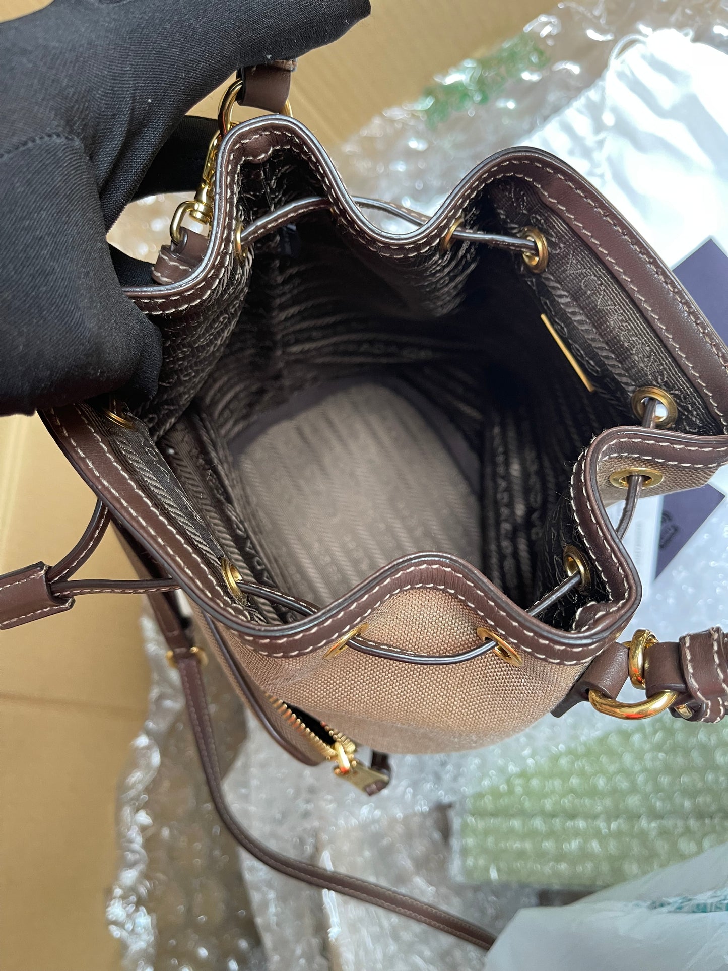 Preloved Prada 2021 Logo Jacquard Bucket Bag