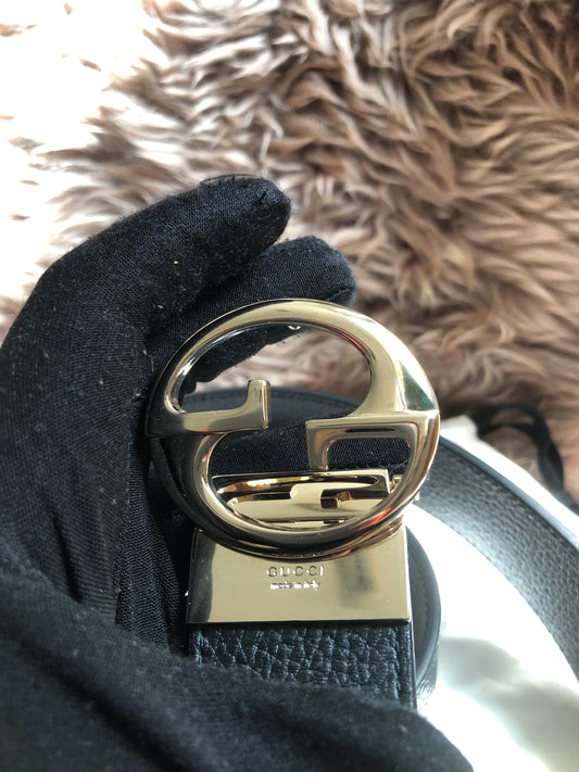 Preloved Gucci Black/Brown Leather Reversible GG Dollar Belt 90CM