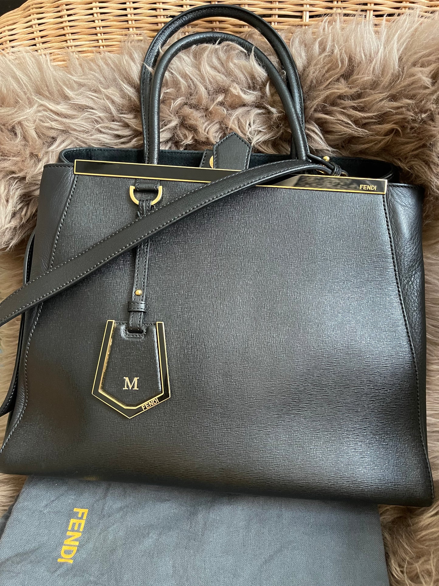 Preloved Fendi 2 Jours Bag Medium in Black w/initial