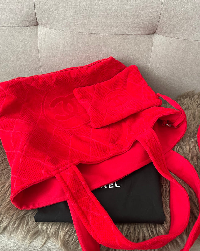 Preloved Authentic Chanel Red Terry Cloth Beach Bag and Towel Set