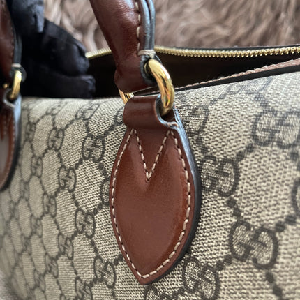 Peloved Authentic Gucci GG Supreme Duffle/Boston Mini – Tan Leather Trim with Strap