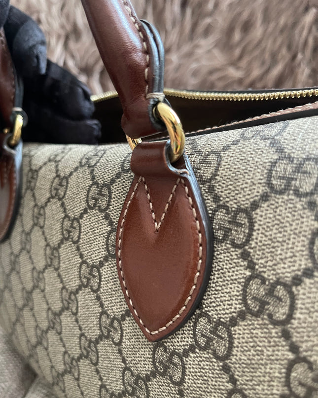 Peloved Authentic Gucci GG Supreme Duffle/Boston Mini – Tan Leather Trim with Strap