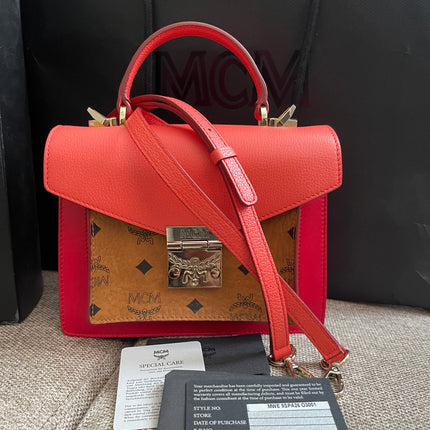 Preloved Authentic MCM Patricia Top Handle Bag – Fiesta Red with Cognac Visetos Panel