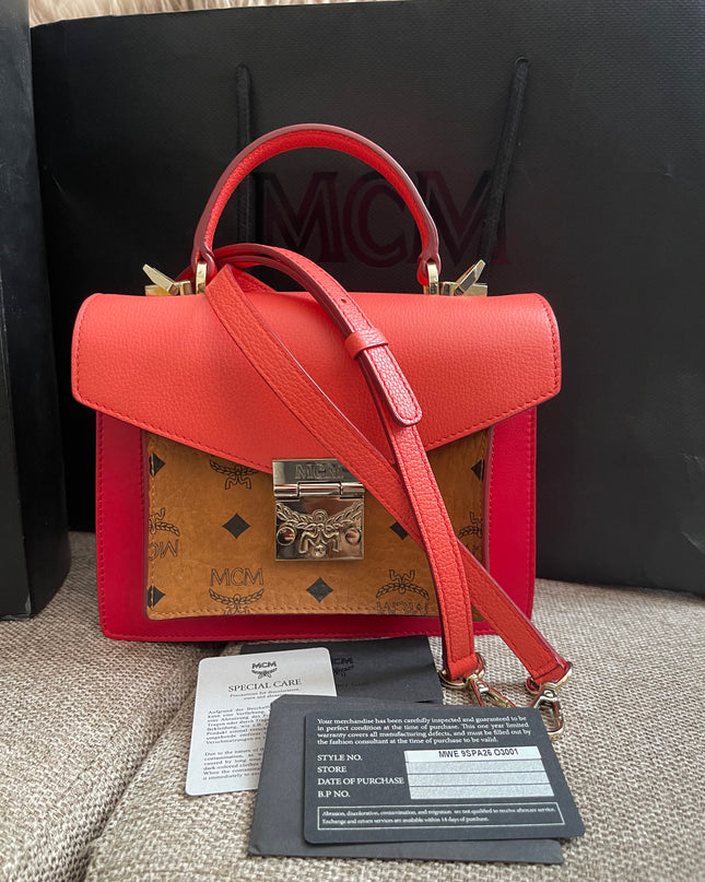 Preloved Authentic MCM Patricia Top Handle Bag – Fiesta Red with Cognac Visetos Panel