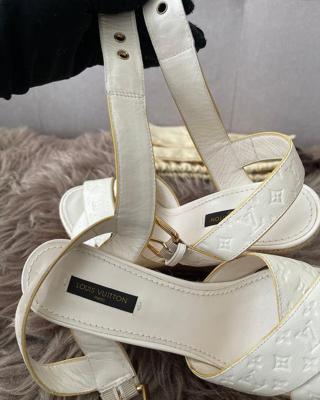 Preloved Authentic Louis Vuitton White Monogram Wedge Sandals in 36.5