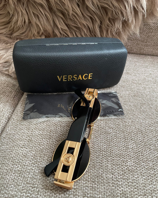 Preloved Authentic Versace Biggie Oval Sunglasses – Black & Gold Medusa, VE2176