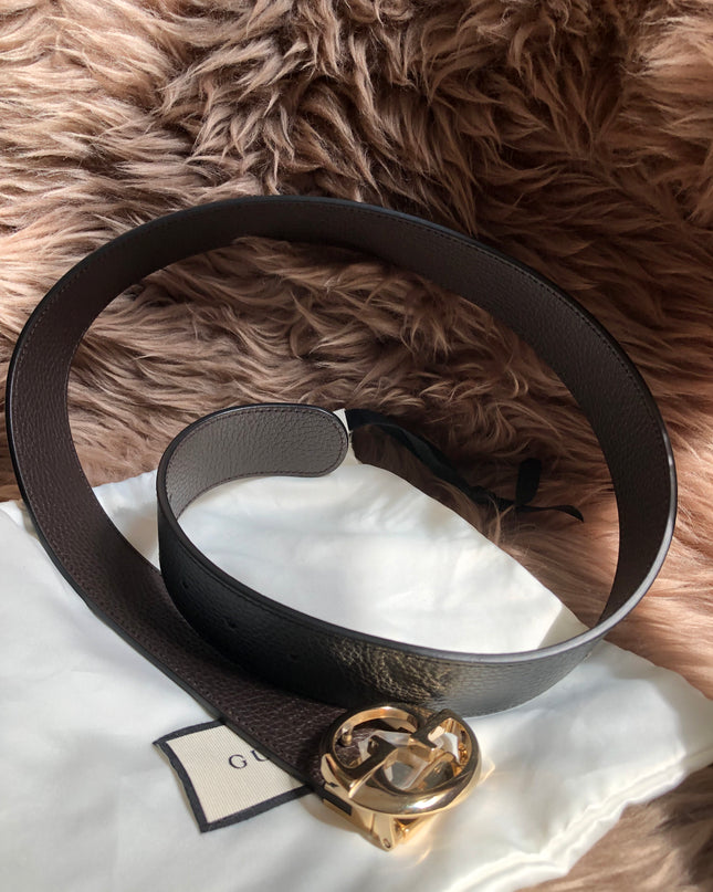 Preloved Gucci Black/Brown Leather Reversible GG Dollar Belt 90CM