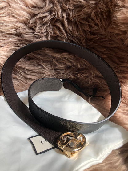Preloved Gucci Black/Brown Leather Reversible GG Dollar Belt 90CM