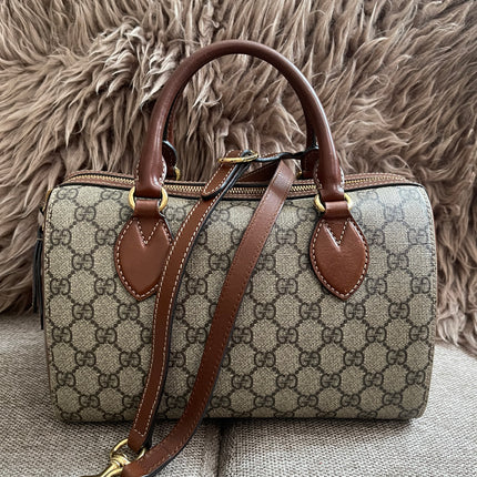 Peloved Authentic Gucci GG Supreme Duffle/Boston Mini – Tan Leather Trim with Strap