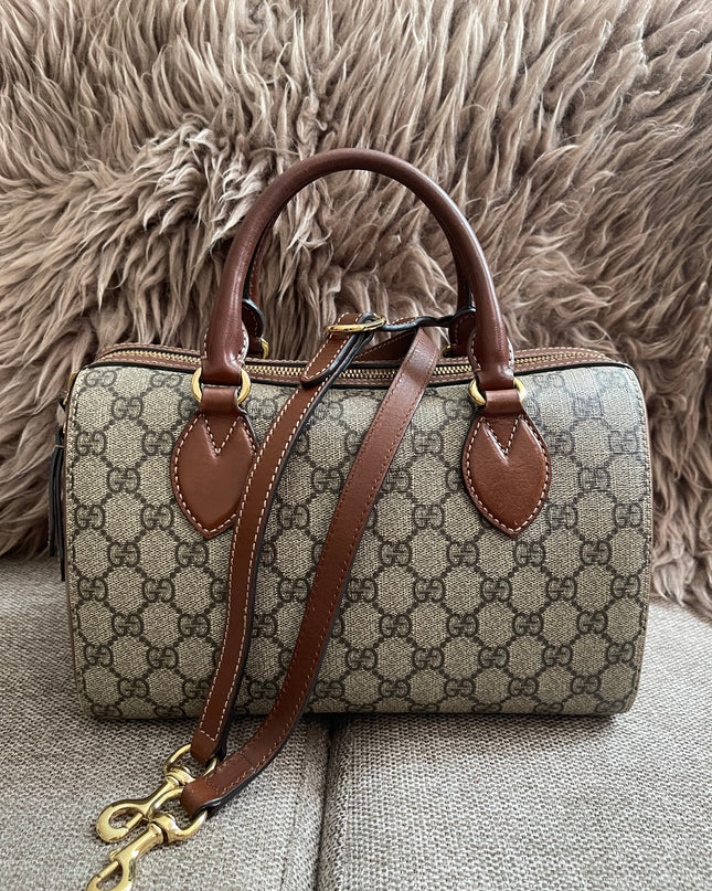 Peloved Authentic Gucci GG Supreme Duffle/Boston Mini – Tan Leather Trim with Strap