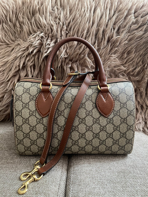 Gucci GG Supreme Duffle/Boston Mini – Tan Leather Trim with Strap