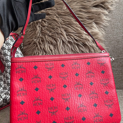 Preloved Authentic MCM Visetos Reversible Liz Shopper Tote – Ruby Red