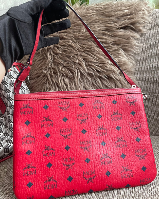Preloved Authentic MCM Visetos Reversible Liz Shopper Tote – Ruby Red