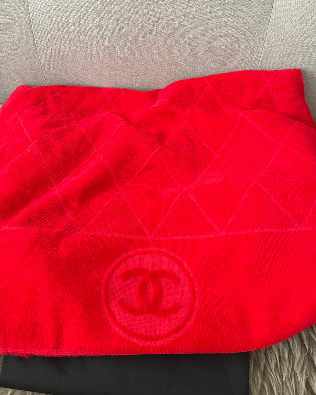 Preloved Authentic Chanel Red Terry Cloth Beach Bag and Towel Set