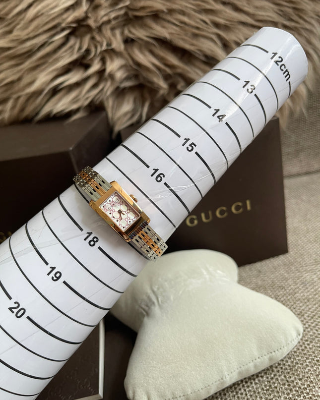 Preloved Authentic Gucci 8600L Ladies Watch — Two-Tone Rose Gold & Silver GG Dial