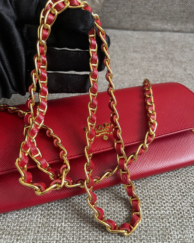 Preloved Authentic Prada Saffiano Metal Wallet on Chain in Fuoco Red