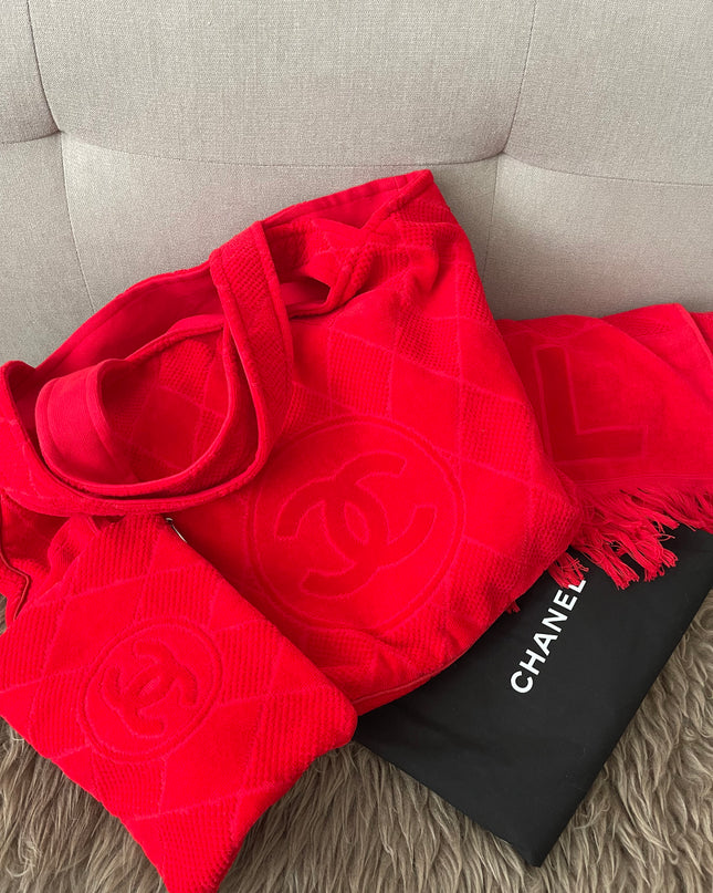 Preloved Authentic Chanel Red Terry Cloth Beach Bag and Towel Set