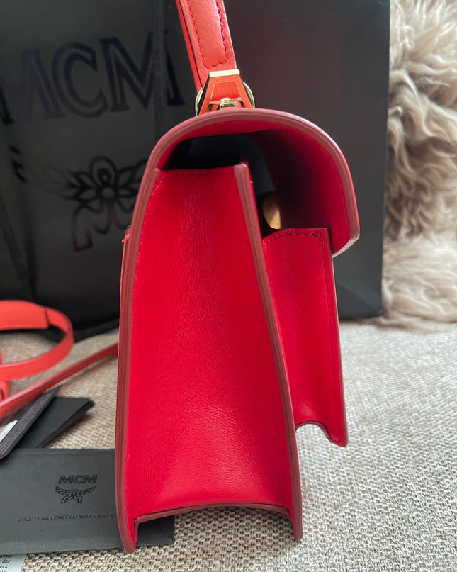 Preloved Authentic MCM Patricia Top Handle Bag – Fiesta Red with Cognac Visetos Panel