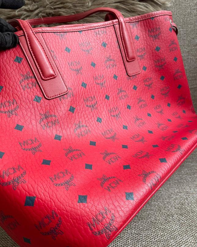 Preloved Authentic MCM Visetos Reversible Liz Shopper Tote – Ruby Red