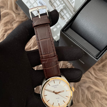 Preloved Authentic Tissot  T-Classic PR 100 White Dial Brown Leather Strap Watch for Men