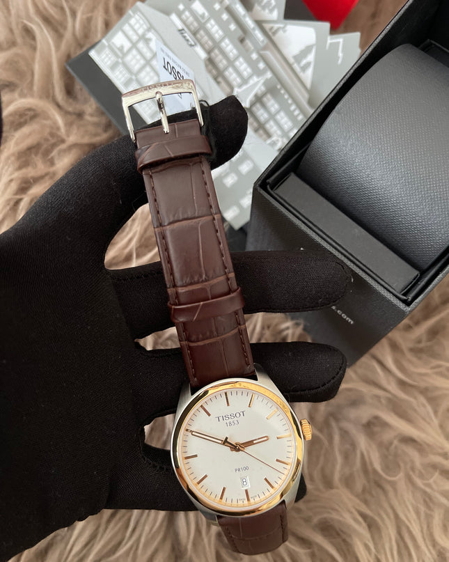 Preloved Authentic Tissot  T-Classic PR 100 White Dial Brown Leather Strap Watch for Men