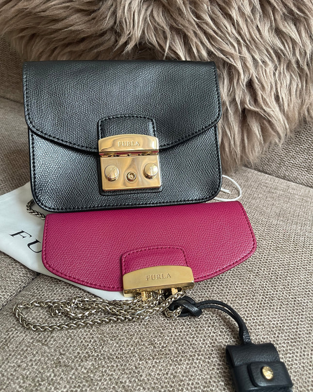 Preloved Authentic Furla Metropolis Mini Crossbody Bag Bicolor Black Fuchsia