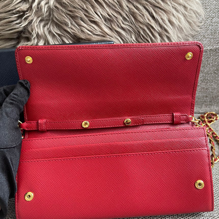 Preloved Authentic Prada Saffiano Metal Wallet on Chain in Fuoco Red