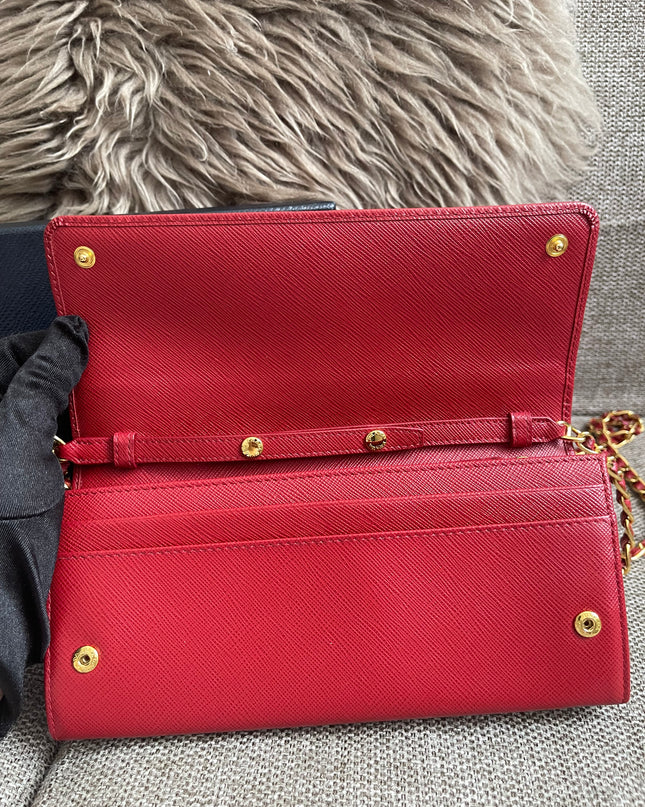 Preloved Authentic Prada Saffiano Metal Wallet on Chain in Fuoco Red