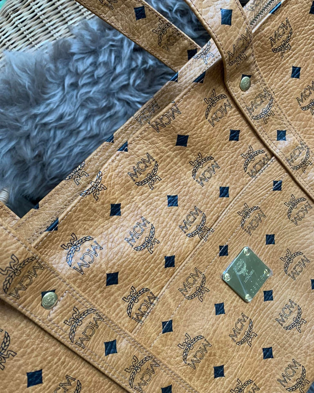 MCM Cognac Visetos Coated Canvas Medium Heritage Top Zip Shopper Tote