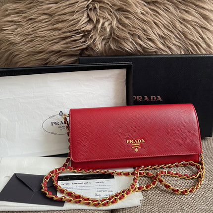 Preloved Authentic Prada Saffiano Metal Wallet on Chain in Fuoco Red