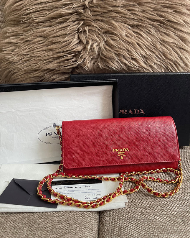 Preloved Authentic Prada Saffiano Metal Wallet on Chain in Fuoco Red