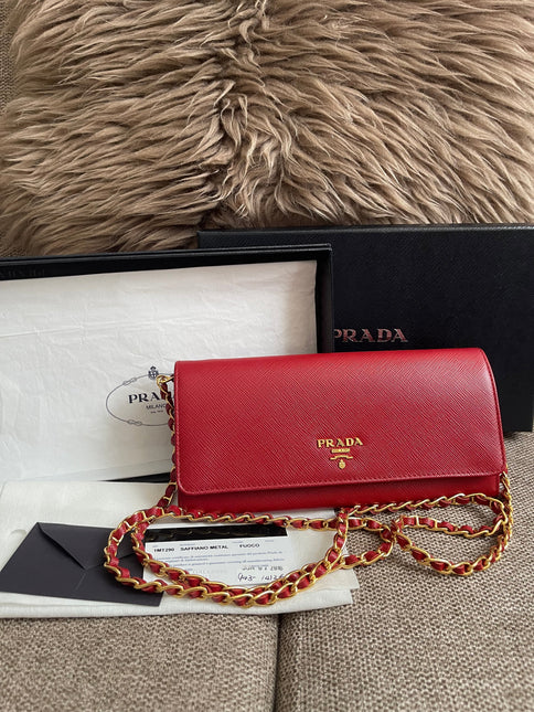 Preloved Authentic Prada Saffiano Metal Wallet on Chain in Fuoco Red