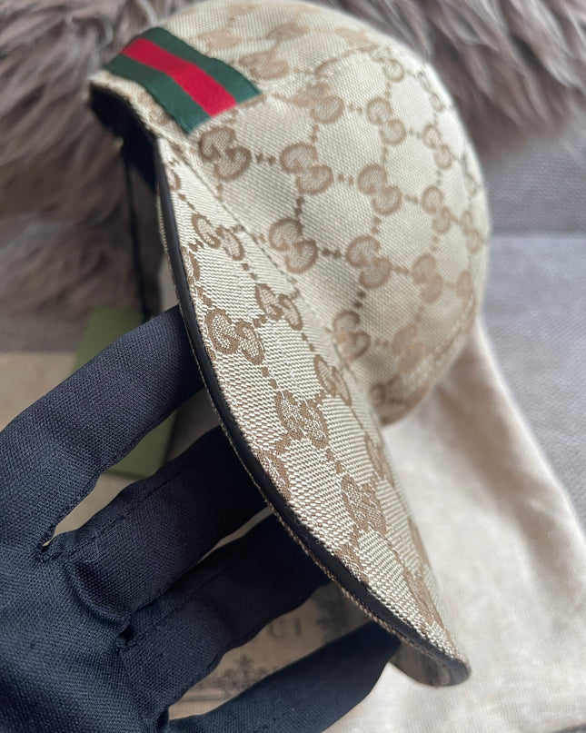 Preloved Authentic Gucci GG Canvas Baseball Cap with Web Stripe — Beige/Brown Monogram