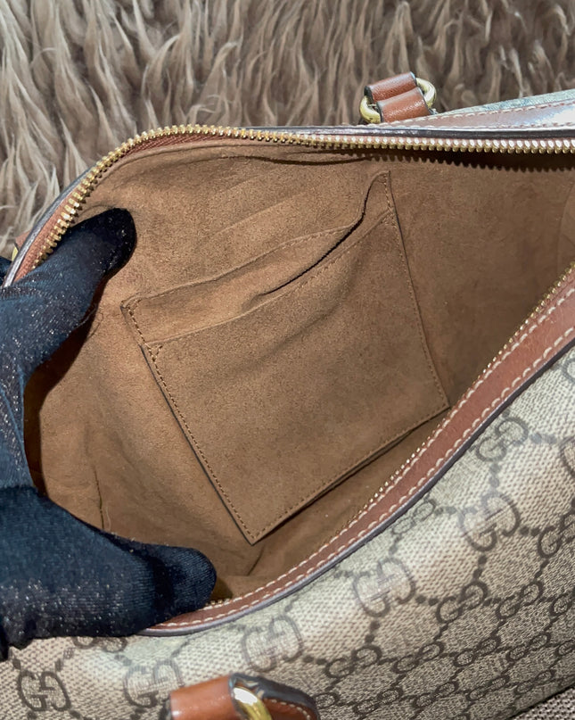 Peloved Authentic Gucci GG Supreme Duffle/Boston Mini – Tan Leather Trim with Strap