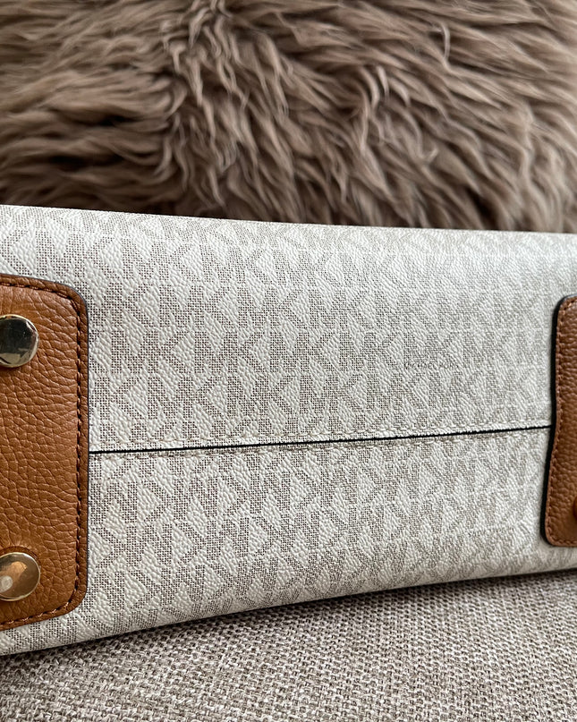 Preloved Authentic Michael Kors Mercer Tote Satchel – Vanilla Monogram Canvas with Brown Leather Trim