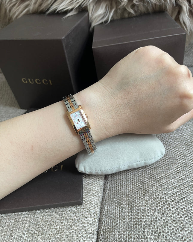 Preloved Authentic Gucci 8600L Ladies Watch — Two-Tone Rose Gold & Silver GG Dial