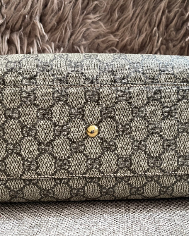 Peloved Authentic Gucci GG Supreme Duffle/Boston Mini – Tan Leather Trim with Strap