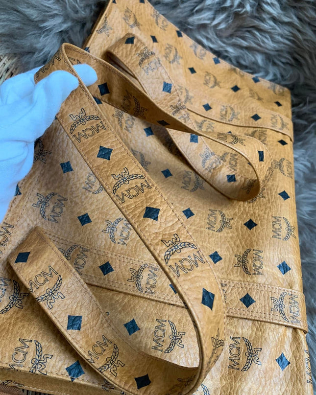MCM Cognac Visetos Coated Canvas Medium Heritage Top Zip Shopper Tote