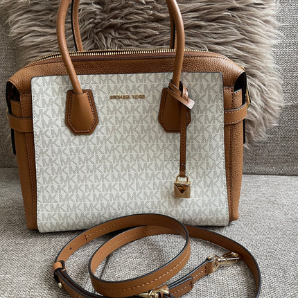 Preloved Authentic Michael Kors Mercer Tote Satchel – Vanilla Monogram Canvas with Brown Leather Trim