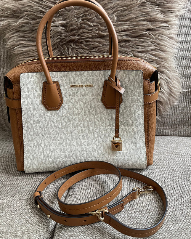 Preloved Authentic Michael Kors Mercer Tote Satchel – Vanilla Monogram Canvas with Brown Leather Trim