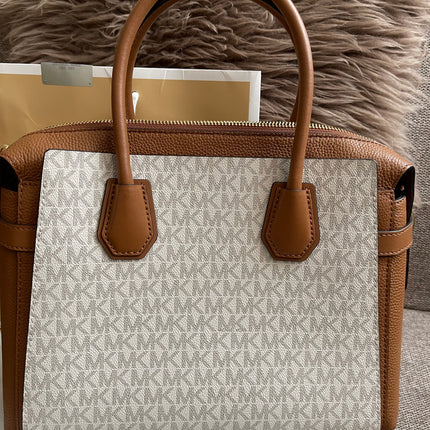 Preloved Authentic Michael Kors Mercer Tote Satchel – Vanilla Monogram Canvas with Brown Leather Trim
