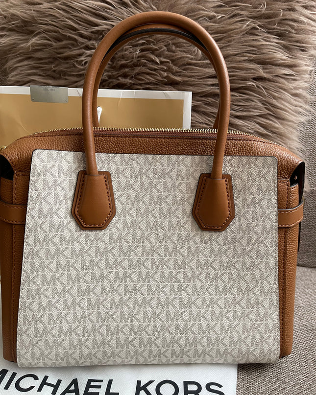 Preloved Authentic Michael Kors Mercer Tote Satchel – Vanilla Monogram Canvas with Brown Leather Trim