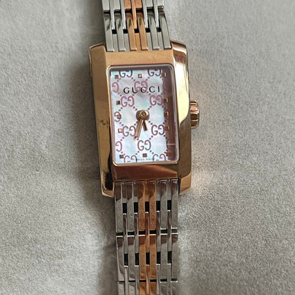 Preloved Authentic Gucci 8600L Ladies Watch — Two-Tone Rose Gold & Silver GG Dial