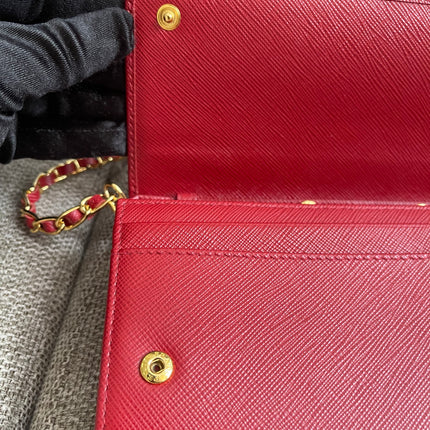 Preloved Authentic Prada Saffiano Metal Wallet on Chain in Fuoco Red