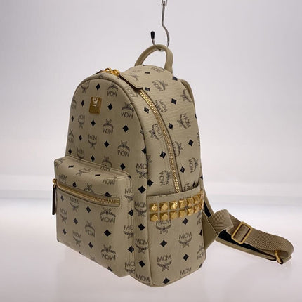 Preloved Authentic MCM Side stud backpack/Visetos/Rucksack/Leather/BEG/All-over pattern//
