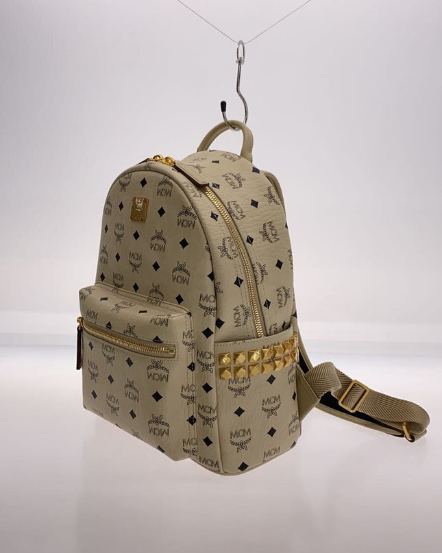 Preloved Authentic MCM Side stud backpack/Visetos/Rucksack/Leather/BEG/All-over pattern//