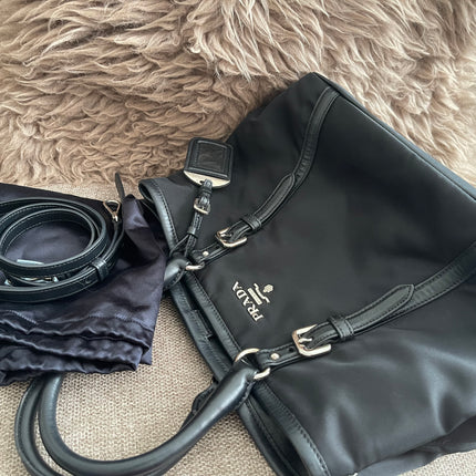 Preloved Authentic Prada Tessuto Nylon Tote Bag Black with Crossbody Strap