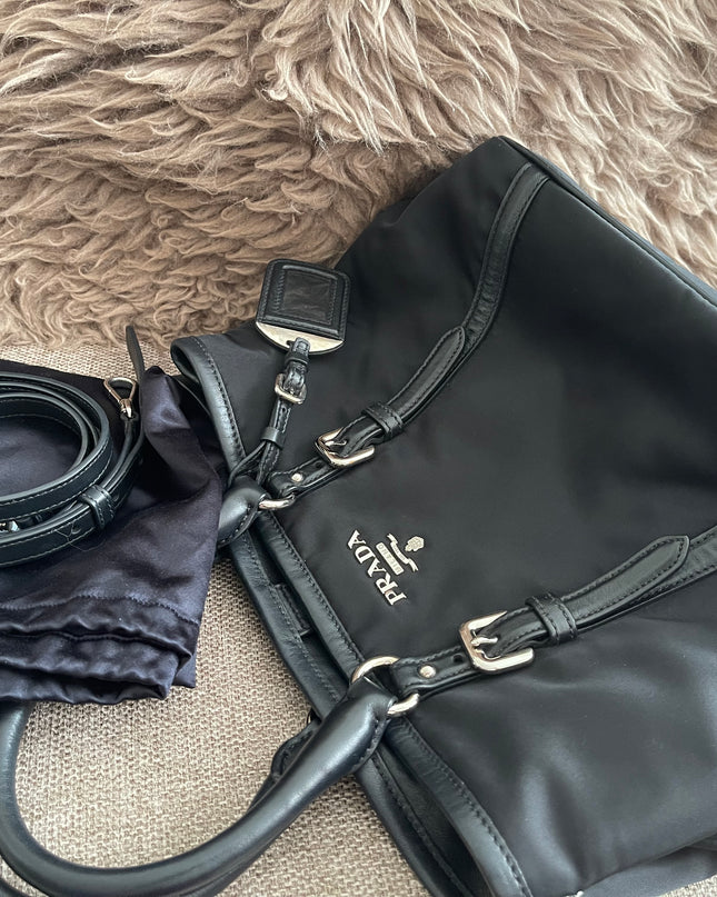 Preloved Authentic Prada Tessuto Nylon Tote Bag Black with Crossbody Strap