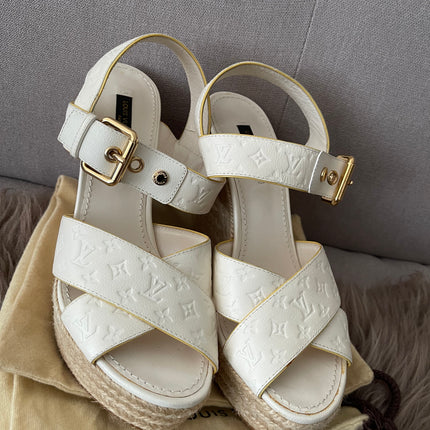 Preloved Authentic Louis Vuitton White Monogram Wedge Sandals in 36.5