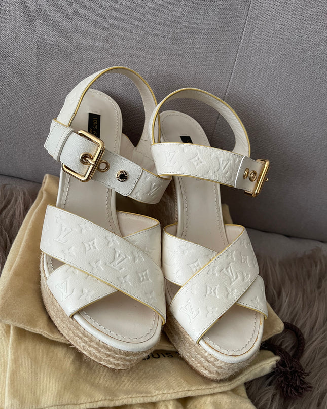 Preloved Authentic Louis Vuitton White Monogram Wedge Sandals in 36.5